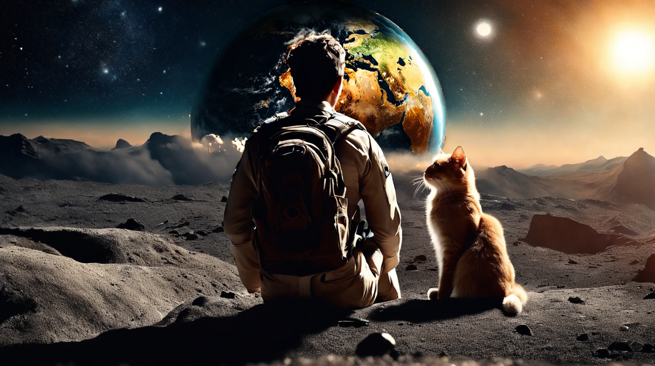 A young man and his cat landing on the Moon, the planet Earth showing in the sky. Why pay millions for a free ride?