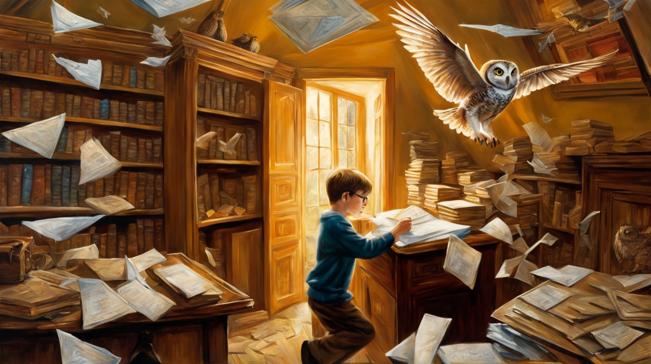 A boy studying, hundreds of mail letters and envelopes flying around, an owl flying over him. Drowning in e-mail.