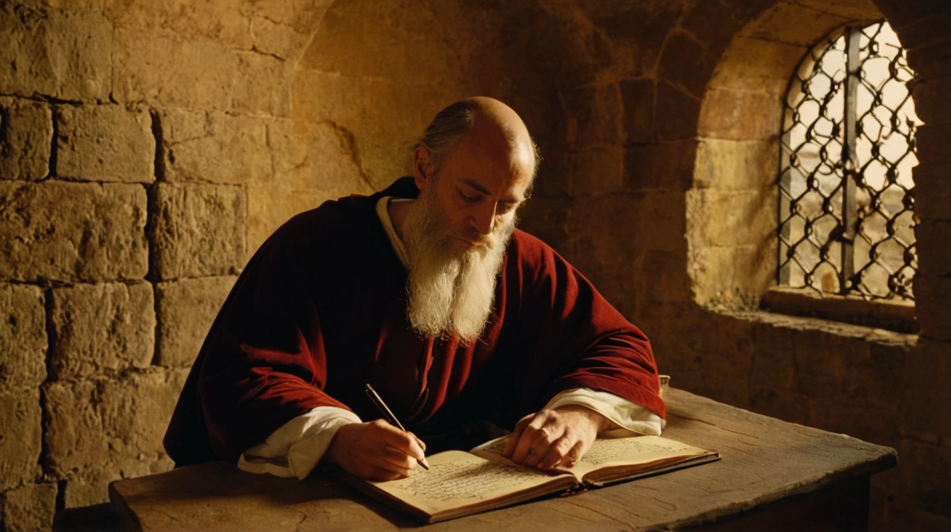 A representation of Boethius writing The Consolation of Philosophy in his prison cell. Esoteric writing.
