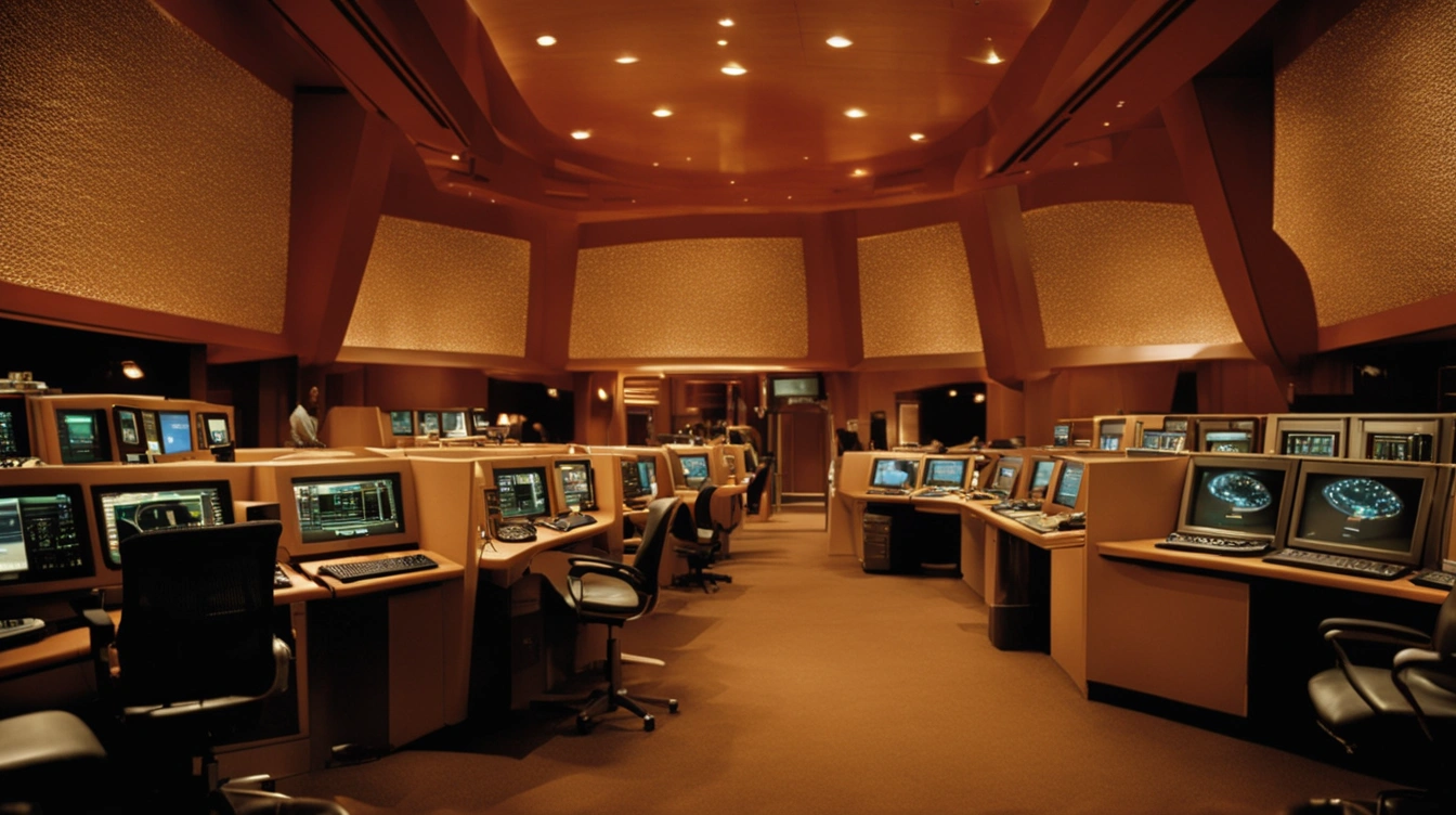 A corporation datacenter, full of computers, in preparation for fixing the millennium bug. Y2K scare.