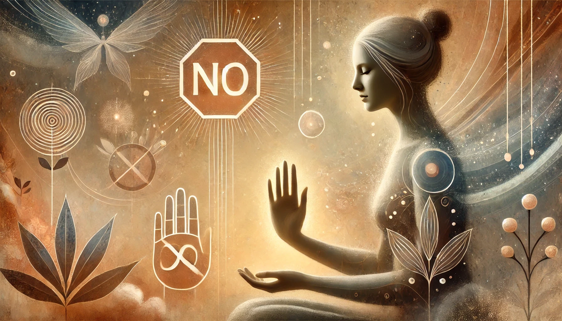 A serene figure standing in a peaceful environment, exuding a sense of calm and self-assurance. The figure is gently holding up one hand in a soft “stop” gesture, symbolizing boundary-setting without aggression. The delicate art of saying "no".