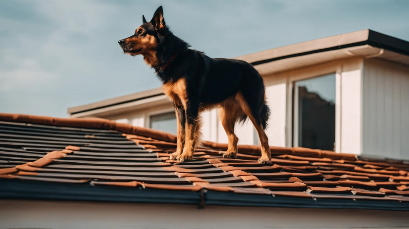 A dog on the roof of a house, keeping guard. Kojak.