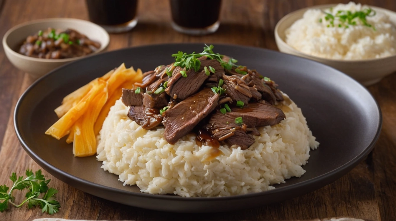 A representation of the shredded beef rump in dark beer sauce, mashed parsnip, white steamed rice, and caramelized onion. Dona Estrela restaurant.