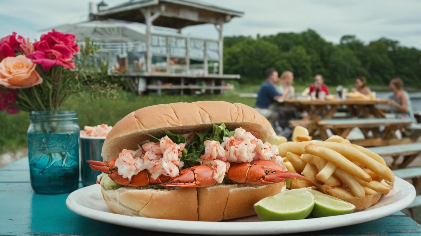 Seafood shack, outdoor patio, lovely day, picnic table, lobster rolls, fish sandwich, friends sharing a table. A lovely couple.