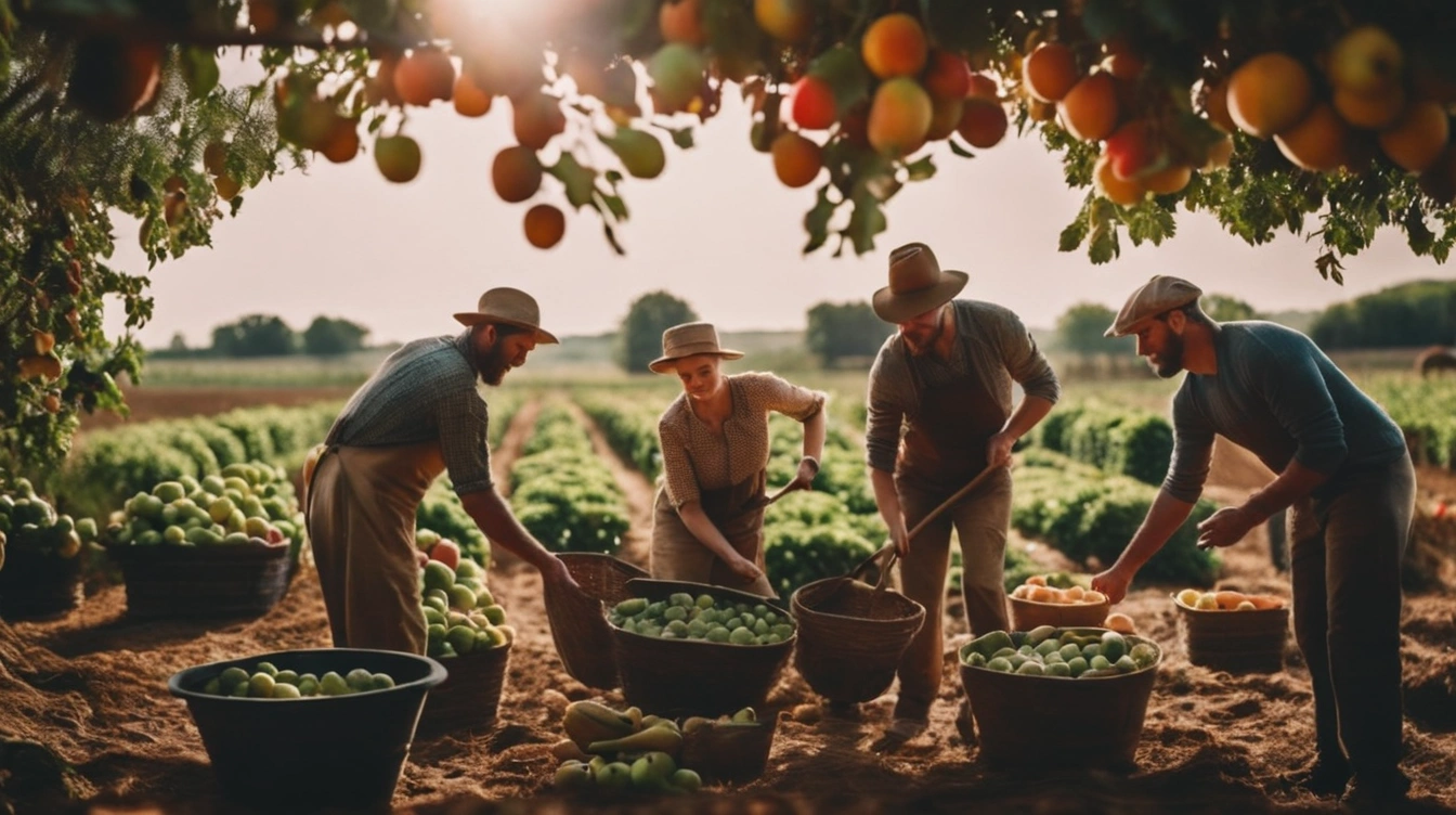 Hard-working people on a farm picking fruit, helping the society, working together, happy, and without fear. Division and hatred.