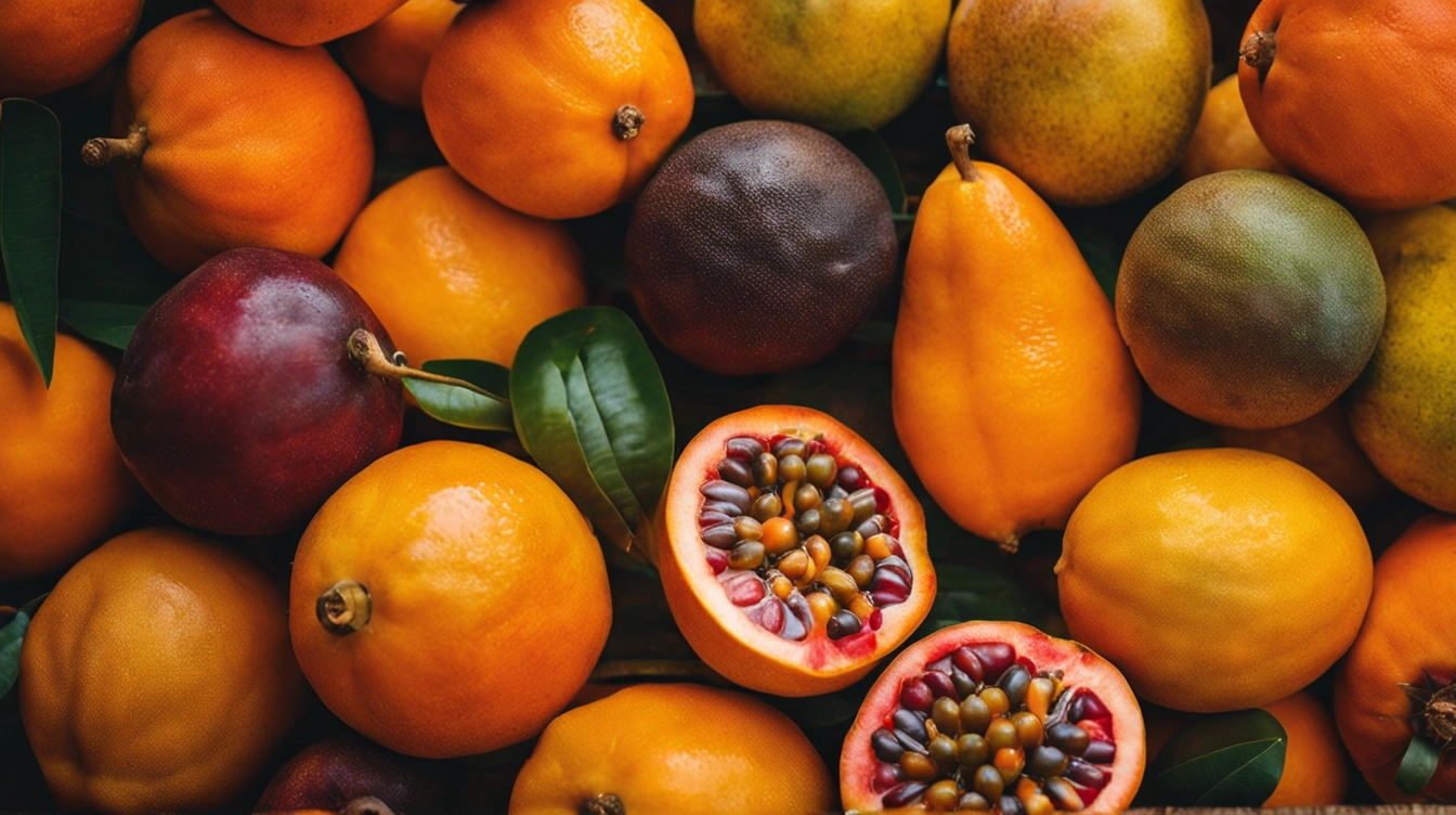 Representation of some Brazilian tropical fruits on a farmer's market: maracujá or passion fruit, mexerica or tangerine, cupuaçu, acerola, mango