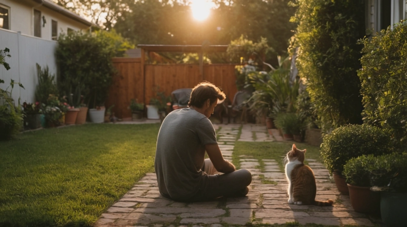 A guy with his cat in the backyard, winding down at the end of the day. Work and home life balance.