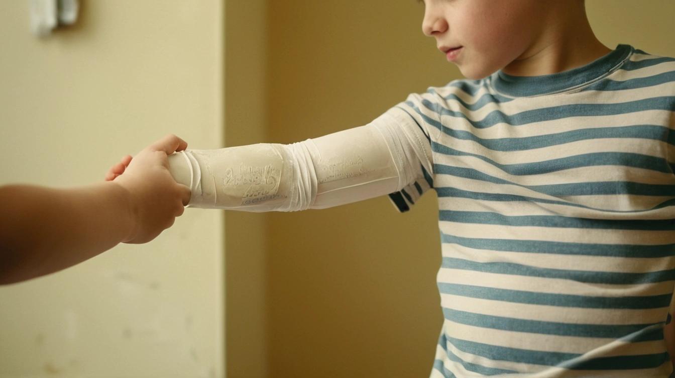 A boy receiving a plaster cast for a broken wrist.